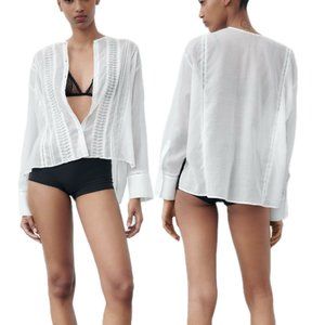 Zara Cotton Asymmetric Hem Button Down Blouse (White)